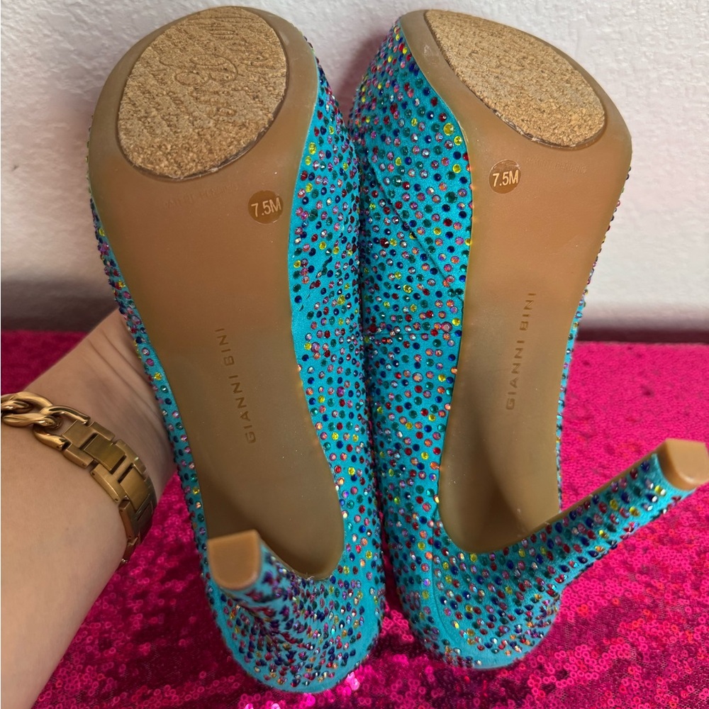 GIANNI BINI 💎Vibrant Blue Rhinestone Stud Platform Stilleto Party Heels (7.5) - Picture 10 of 11